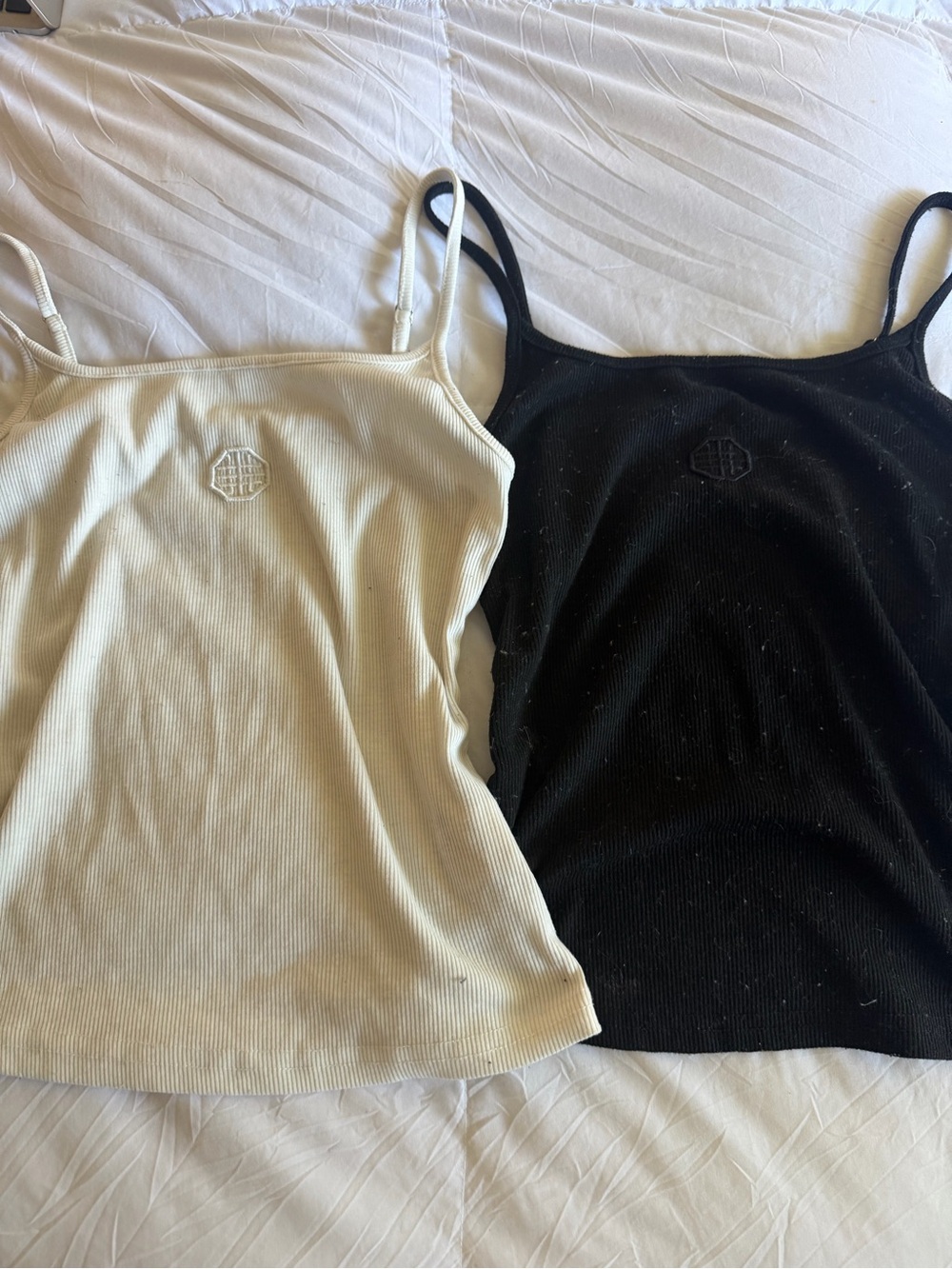 Set of 2 Embroidered Ribbed Cami Tanks - Black & Cream